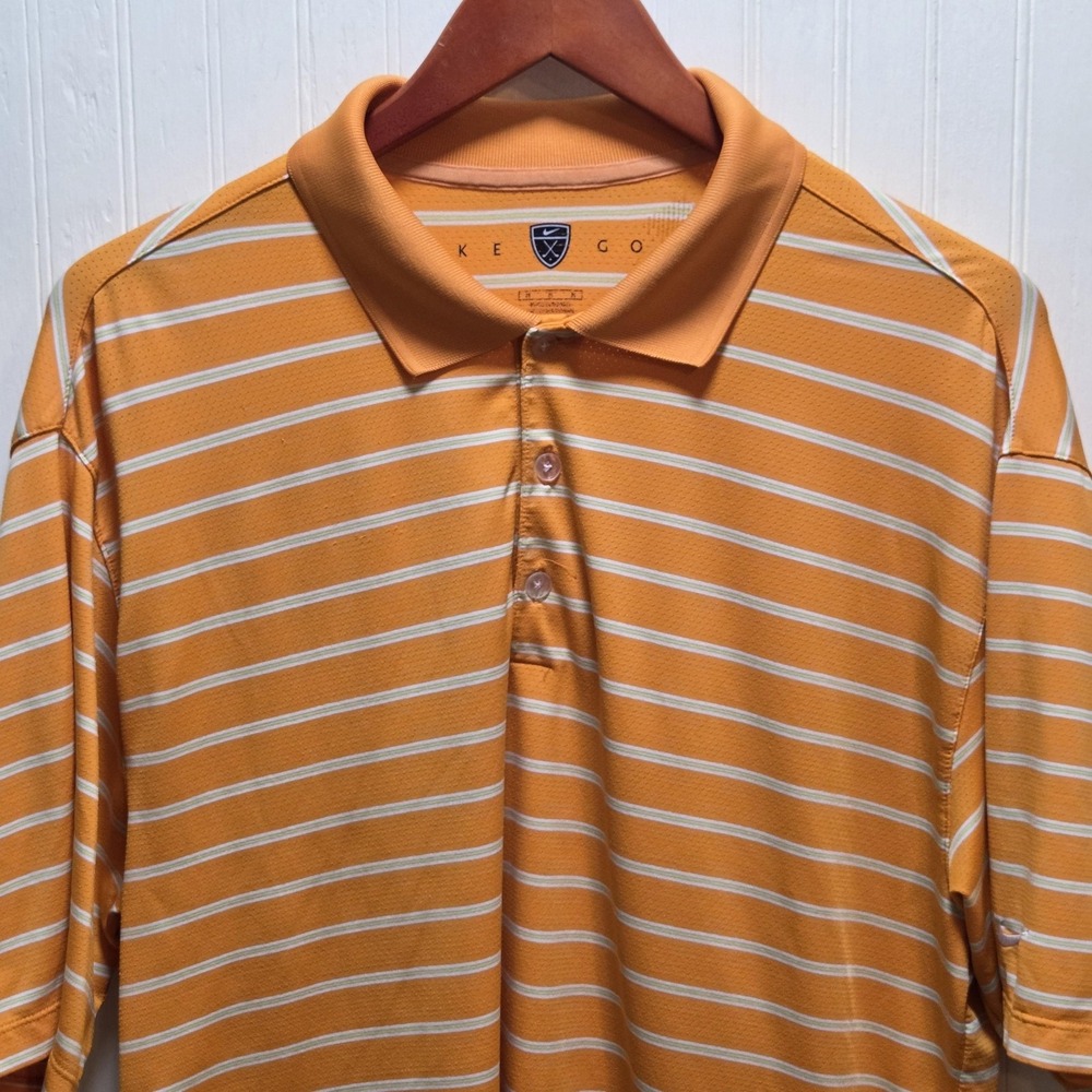 Nike Golf Polo Shirt Mens Medium Orange Stripe Dri-FIT Golf Performance Top